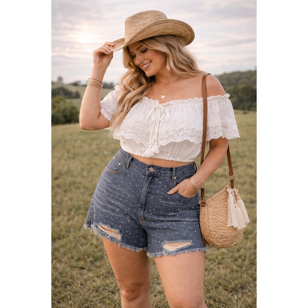 ARULA Blue Denim Distressed High-Waist Jean Shorts with Sparkle